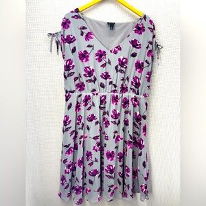 Torrid Floral Print Tie Sleeve Chiffon Skater Dress Plus Sz 2 Gray/Purple Mini